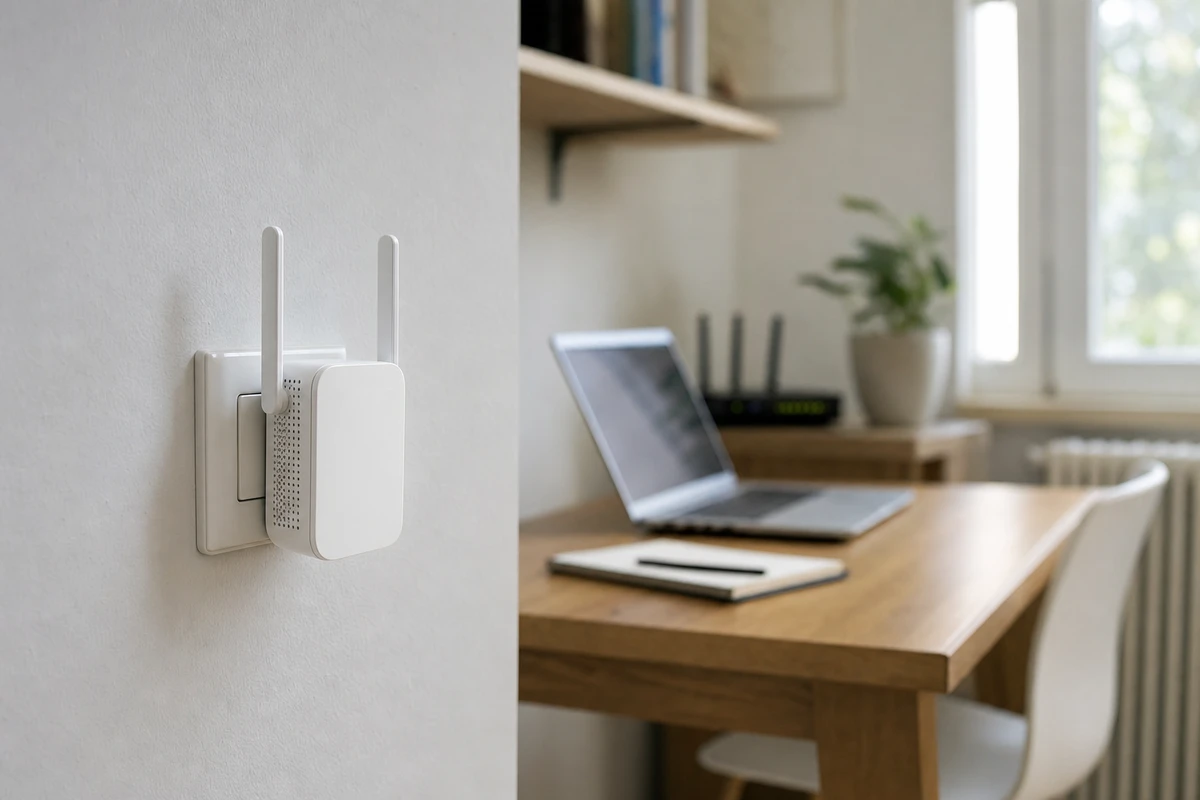Ripetitore Wi-Fi bianco con due antenne inserito in una presa a muro, con scrivania e laptop sfocati sullo sfondo