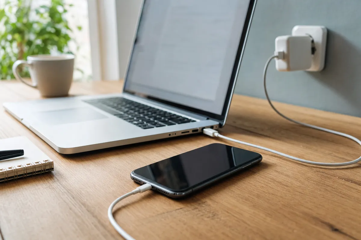 Smartphone in carica collegato via USB a un laptop su una scrivania, con caricatore alla presa a muro sullo sfondo