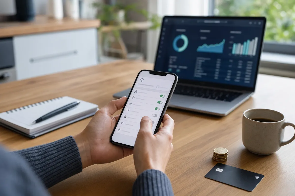 Mani con smartphone e schermata di impostazioni privacy, con laptop con grafici, monete, carta e caffè sul tavolo