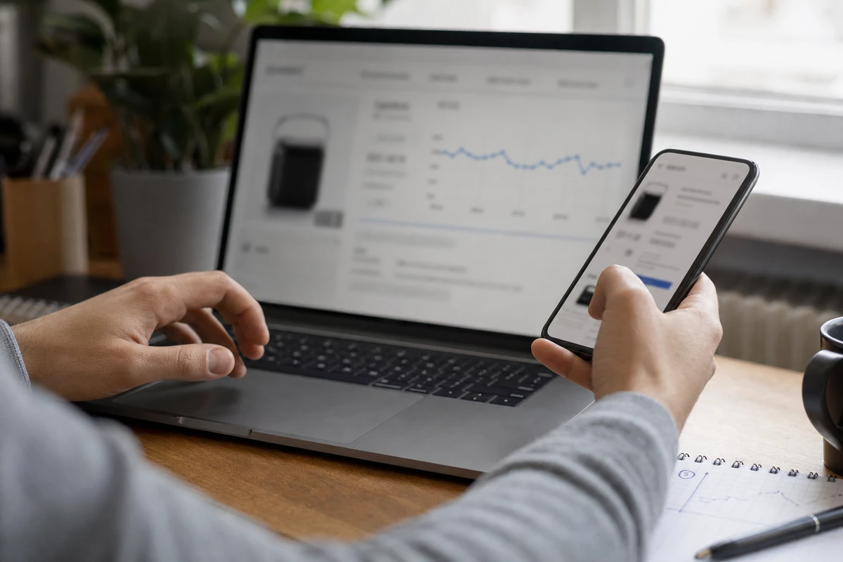 Mani al computer e smartphone mentre confrontano prezzi online, con grafico di andamento sullo schermo e taccuino sul tavolo