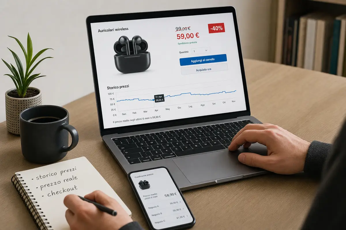 Laptop con pagina di acquisto e grafico storico prezzi, mano sul trackpad, smartphone e taccuino con appunti