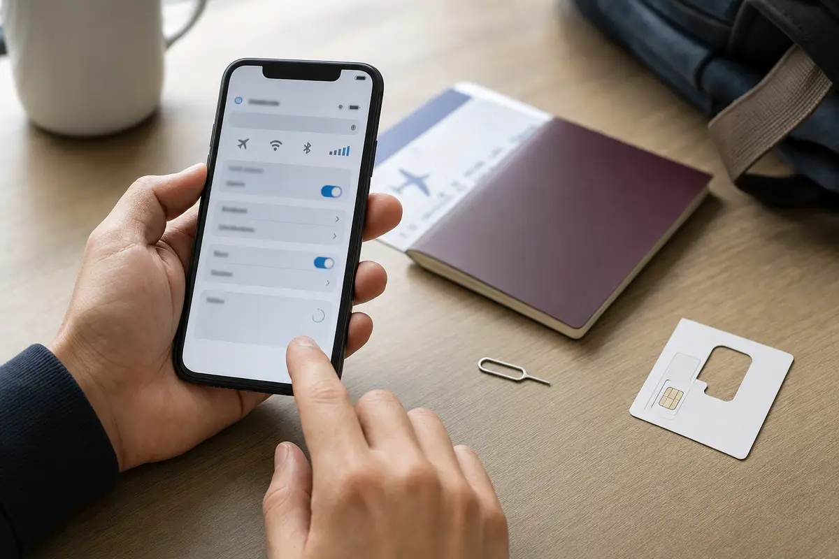 Mani che controllano le impostazioni di rete su uno smartphone accanto a passaporto, carta d’imbarco e SIM
