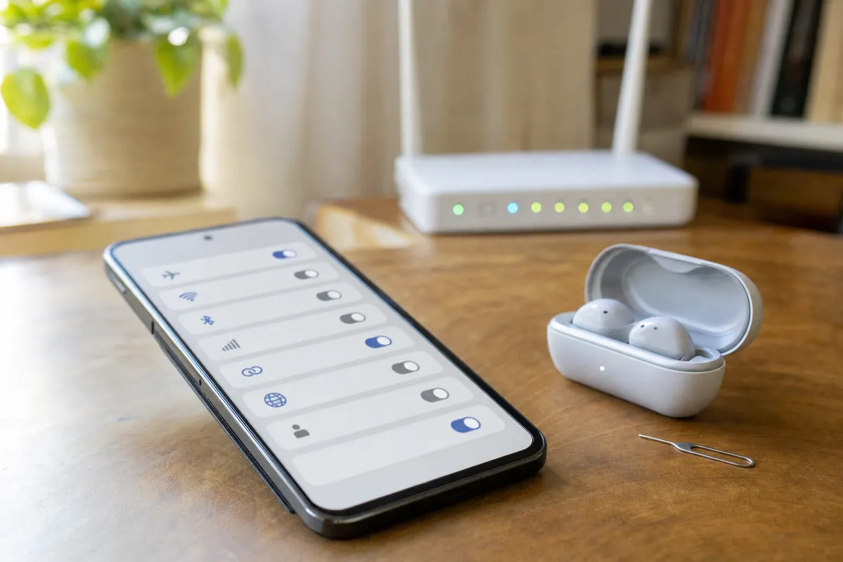 Smartphone con schermata impostazioni, auricolari wireless e graffetta per SIM su un tavolo, router WiFi sullo sfondo