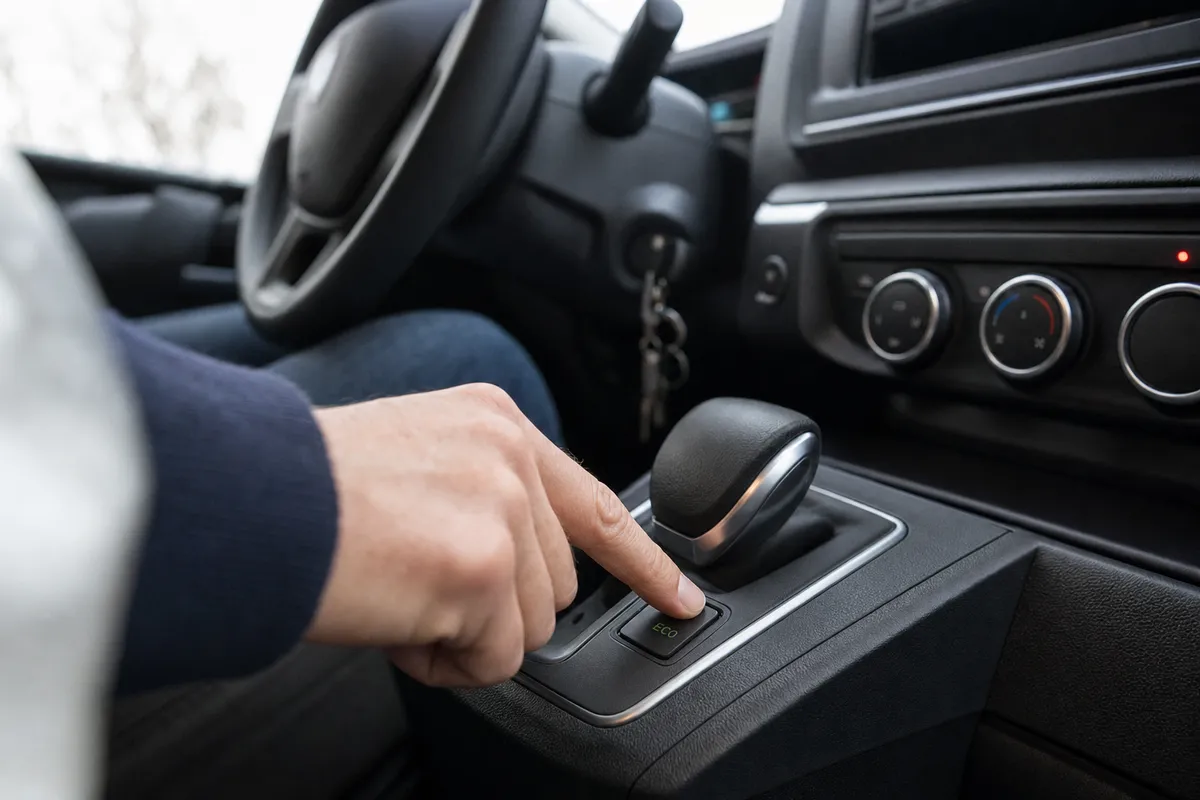 Mano che preme il pulsante ECO vicino alla leva del cambio nella console centrale di un’auto
