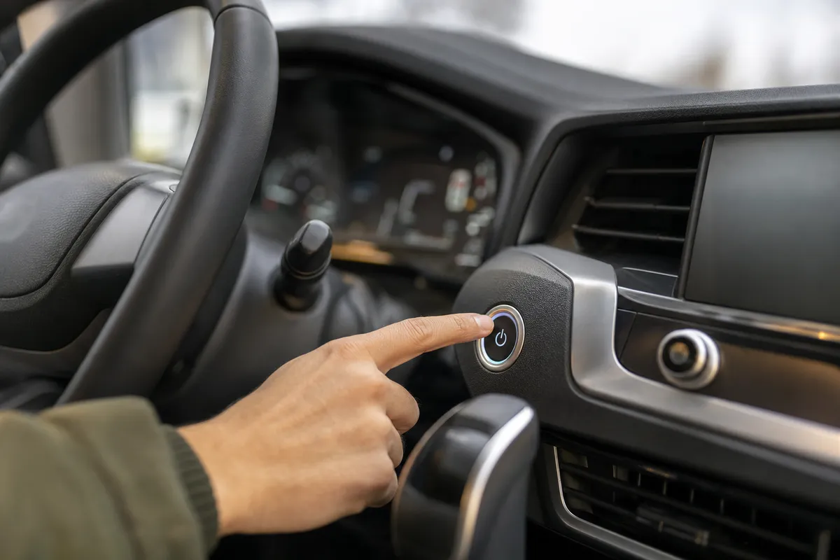 Dito che preme il pulsante di accensione Start/Stop con icona power su un cruscotto moderno