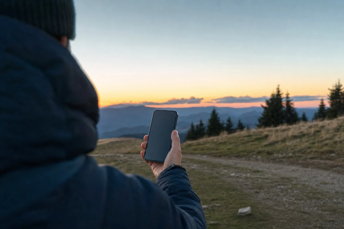 Persona su un sentiero di montagna al tramonto che tiene uno smartphone verso il cielo aperto