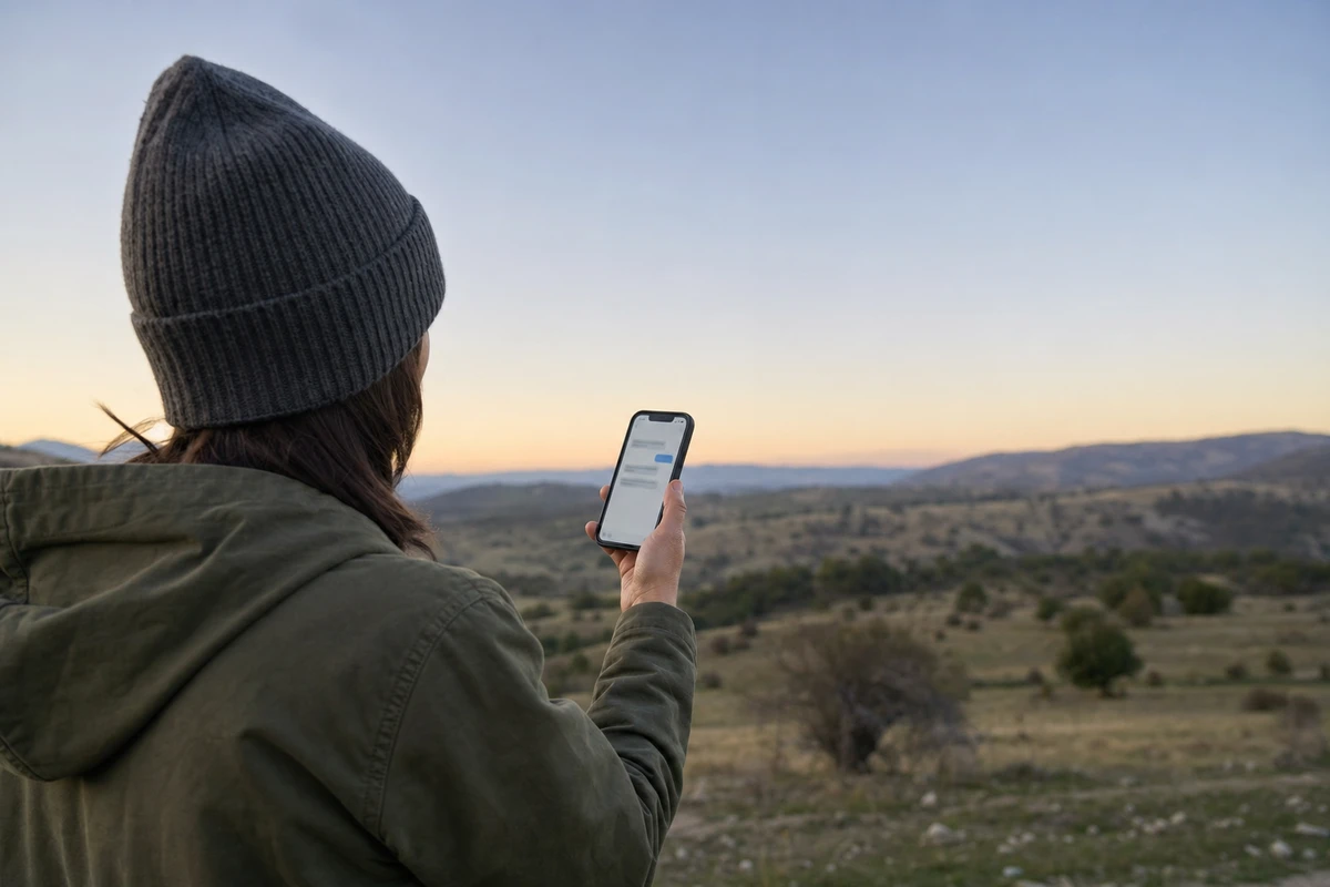 Persona di spalle in un paesaggio collinare al tramonto mentre tiene uno smartphone con una schermata di messaggi