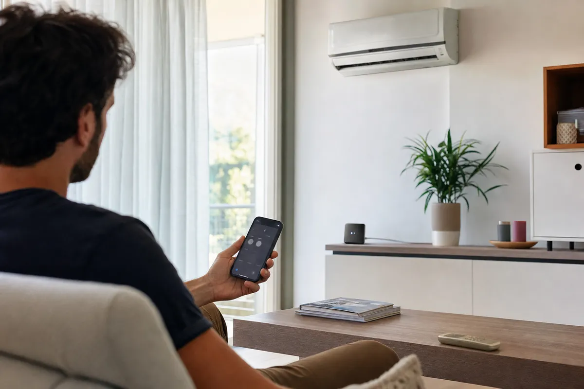 Uomo in salotto controlla un condizionatore a parete con lo smartphone; controller smart su mobile e vecchio telecomando