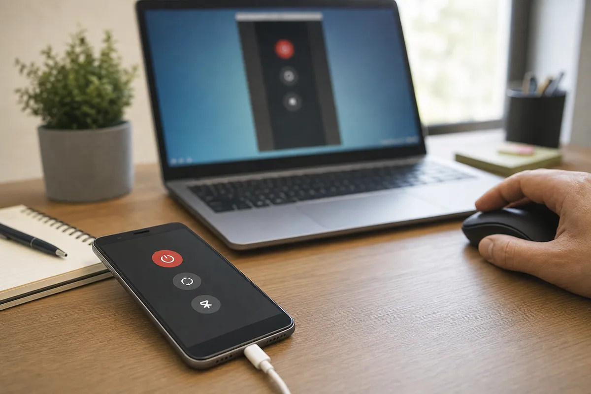 Smartphone sul tavolo con menu di spegnimento e laptop sullo sfondo, mano sul mouse per il controllo remoto