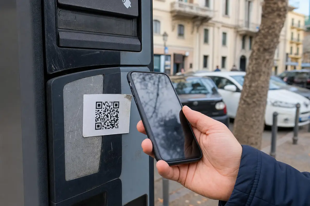Mano con smartphone che inquadra un QR code attaccato su un parchimetro in strada