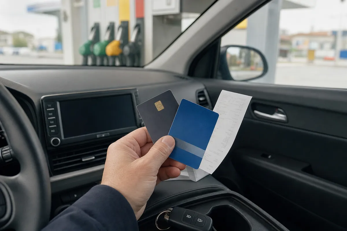 Mano in auto con due carte e scontrino del carburante, con pompe di benzina sfocate sullo sfondo
