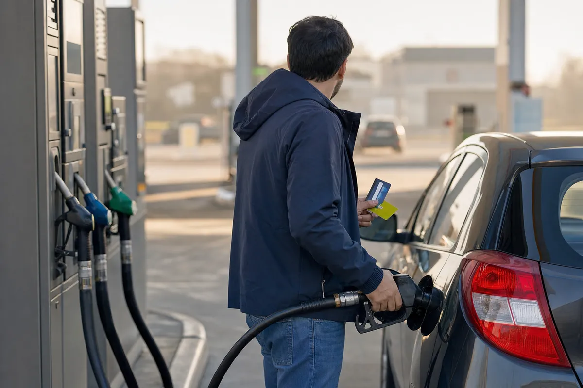 Automobilista fa rifornimento al self service e tiene in mano due carte per il pagamento e sconti