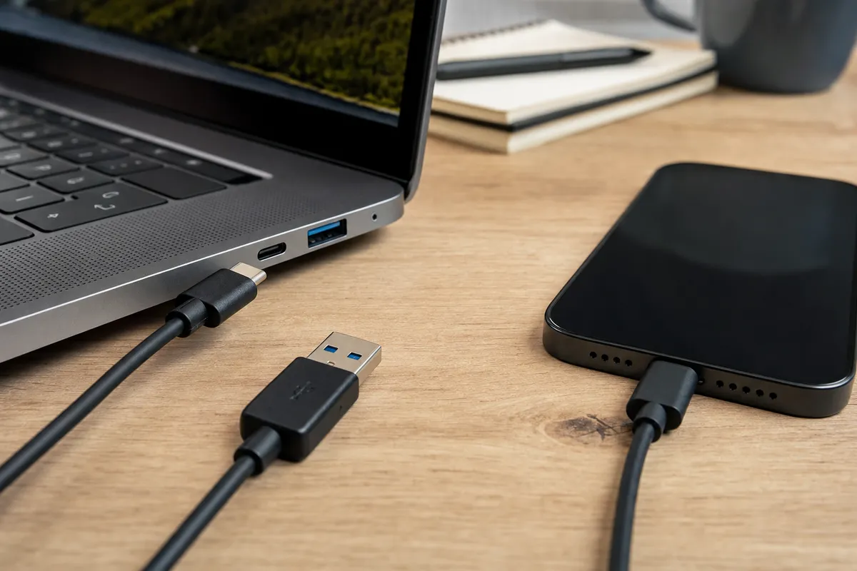 Porta USB-C e porta USB-A su laptop, con smartphone collegato via cavo su scrivania
