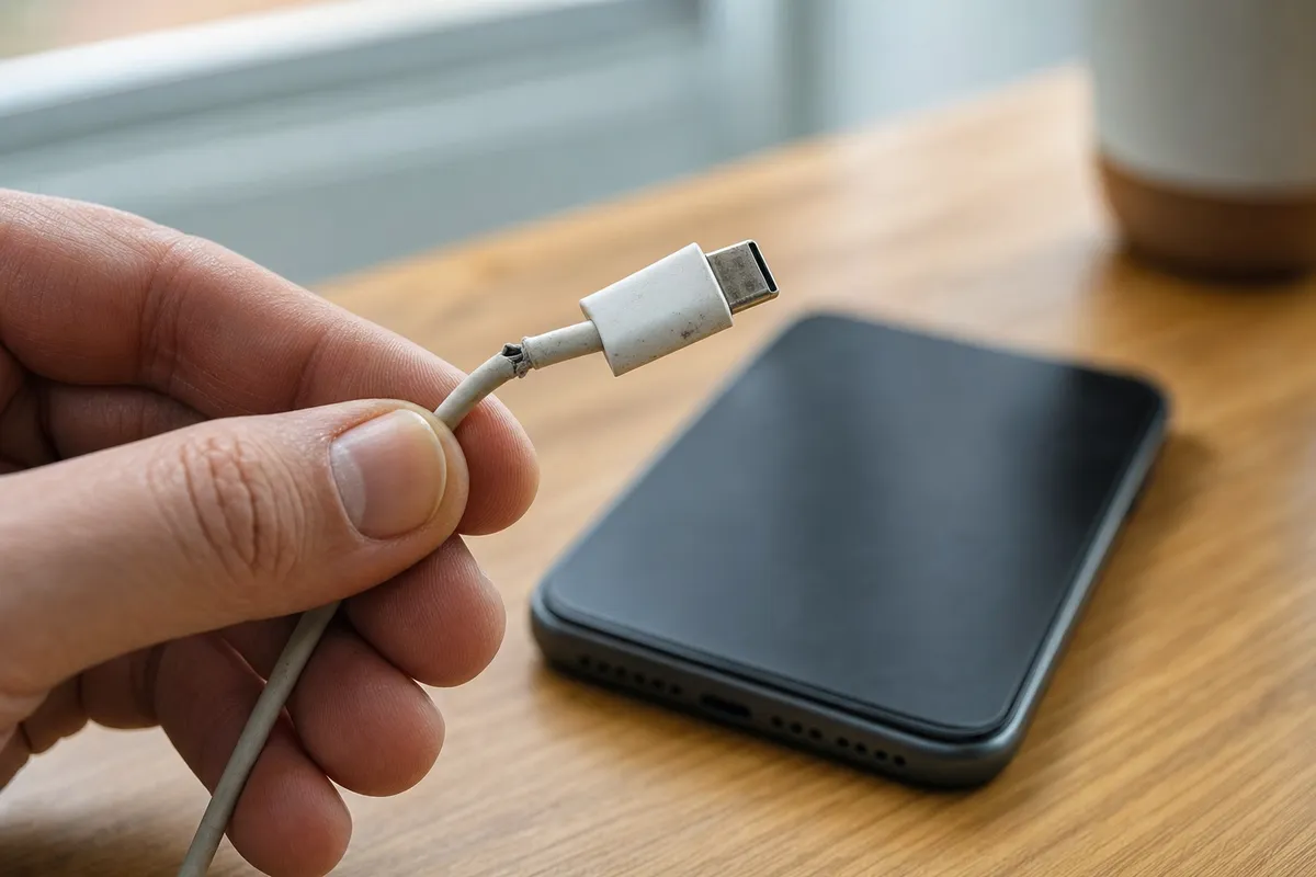 Mano che controlla un cavo USB-C usurato vicino al connettore, con smartphone sfocato su un tavolo di legno