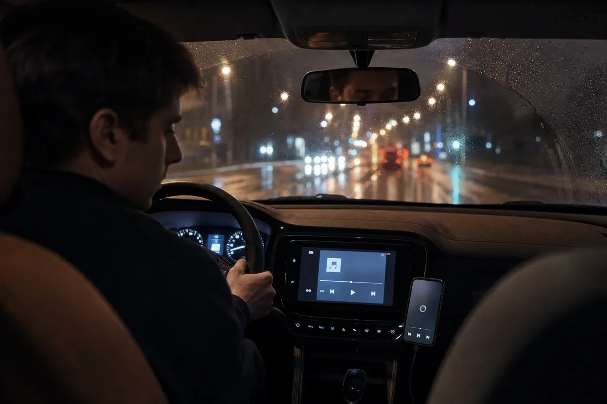 Guidatore in auto di notte che guarda verso lo schermo infotainment con player musicale e smartphone, strada bagnata davanti
