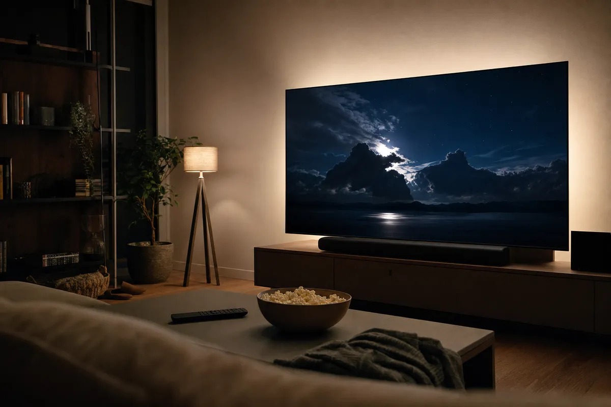 Soggiorno con grande TV accesa su cielo notturno e nuvole, soundbar sotto lo schermo, popcorn e telecomando sul tavolino