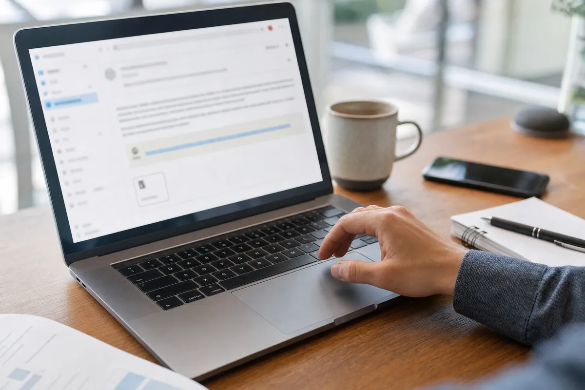 Mano sul trackpad davanti a un laptop con email aperta, con tazza, smartphone e taccuino sulla scrivania