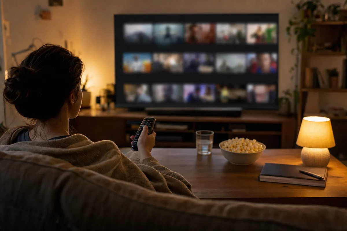 Persona sul divano con coperta e telecomando guarda la TV con schermata di streaming sfocata, popcorn e lampada