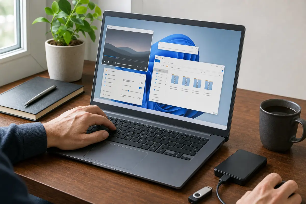 Mani su un laptop Windows con più finestre aperte su scrivania con tazza di caffè, hard disk esterno e chiavetta USB