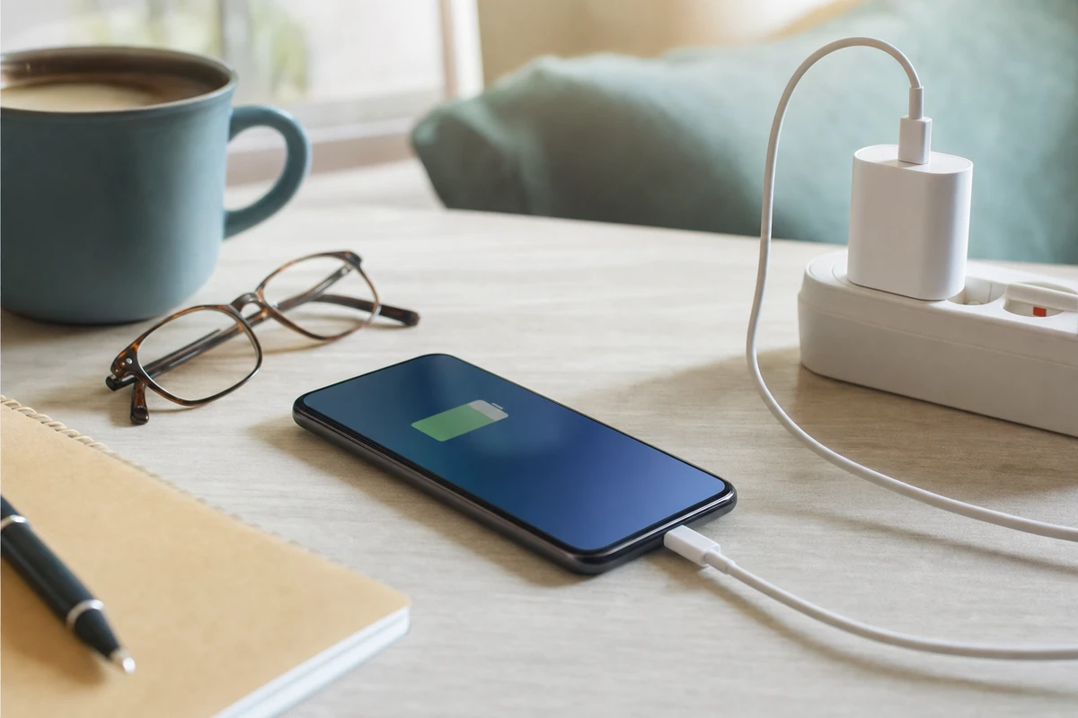Smartphone in ricarica con cavo USB su scrivania, icona batteria sullo schermo, accanto tazza e occhiali
