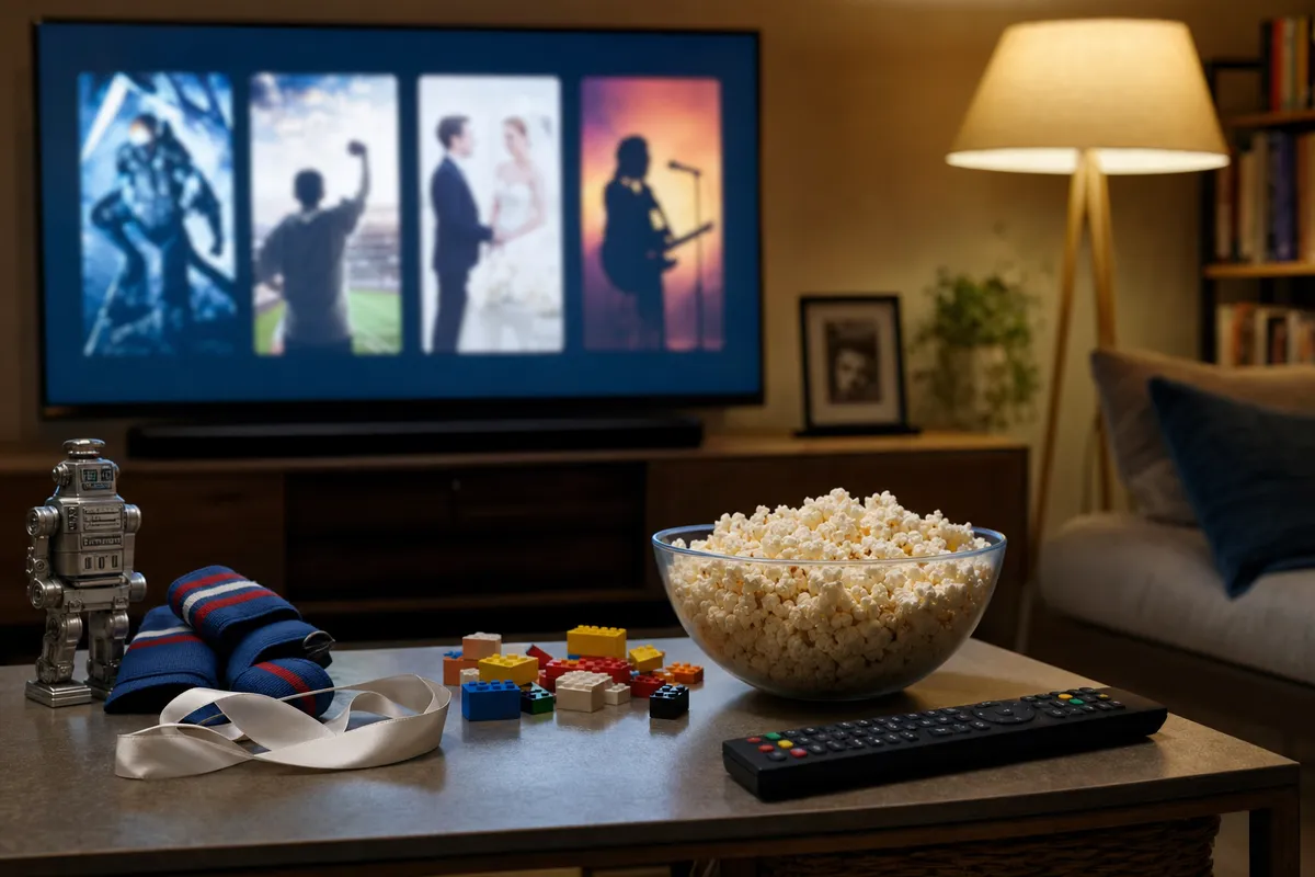 Tavolino con popcorn, telecomando, robottino, fasce da polso, nastro bianco e mattoncini colorati davanti alla TV