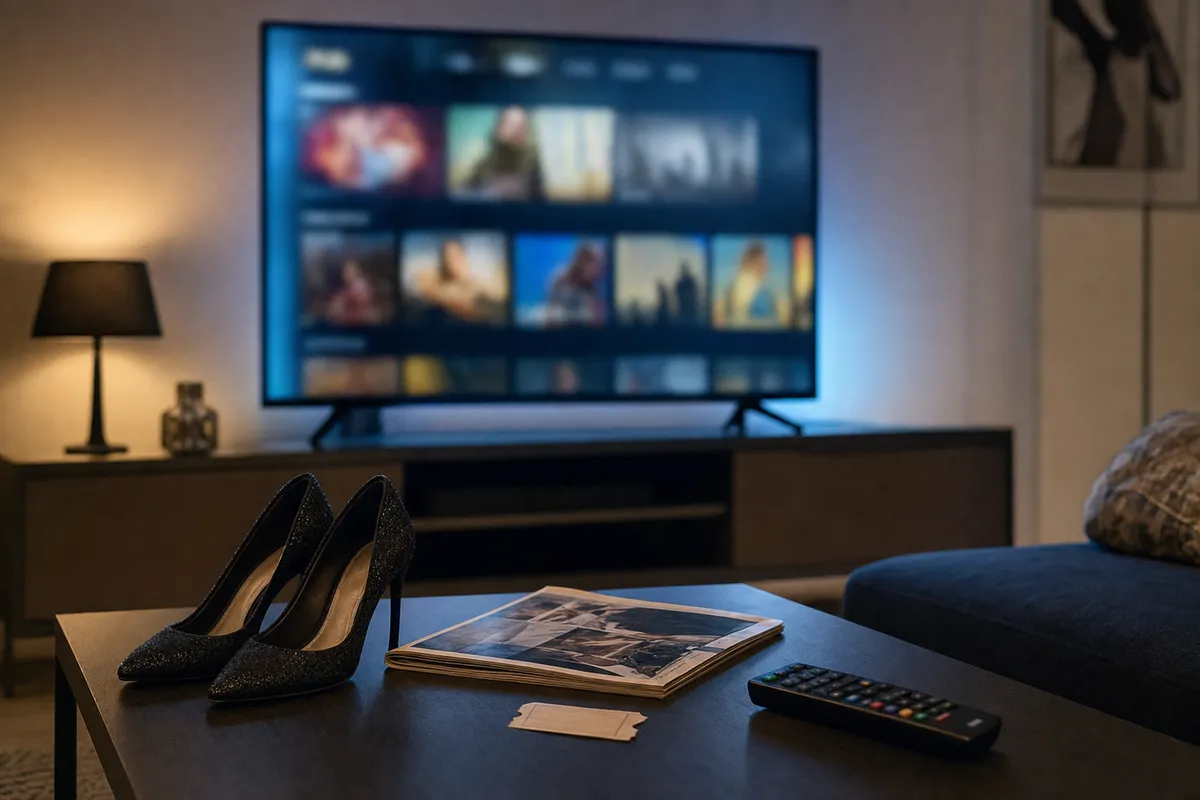 Tavolino con scarpe col tacco, rivista, biglietti e telecomando davanti a una TV con schermata streaming sfocata