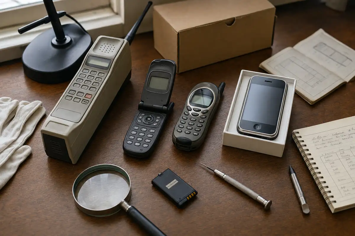 Tavolo da perizia con vecchi cellulari, smartphone in scatola aperta, lente d’ingrandimento, guanti e taccuini