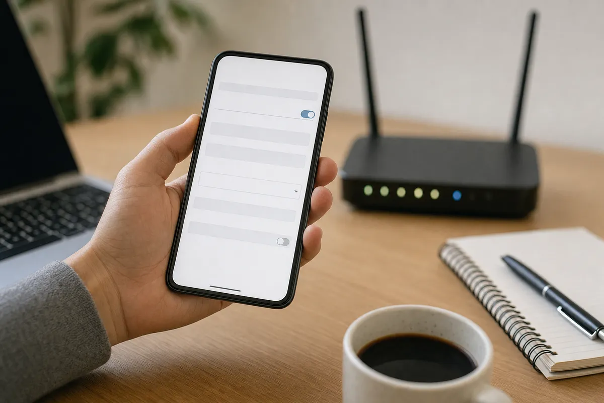 Mano con smartphone su schermata impostazioni Wi‑Fi e router sfocato su scrivania con laptop, taccuino e caffè