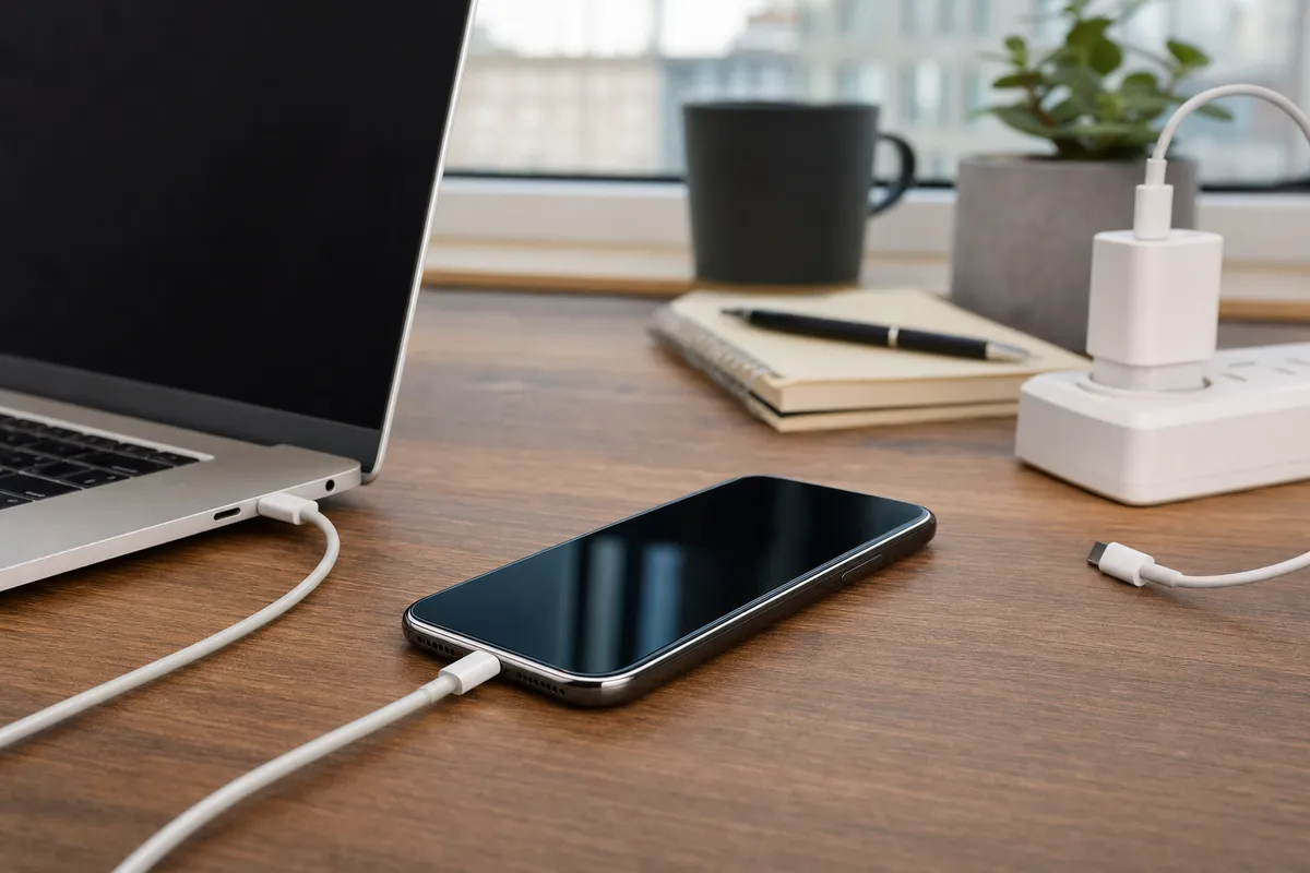 Smartphone in carica via cavo USB collegato a un laptop su una scrivania, con caricatore da parete su ciabatta sullo sfondo