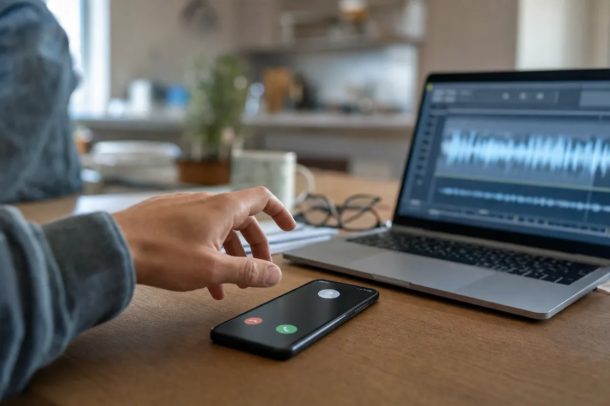 Mano che esita verso uno smartphone con chiamata in arrivo, accanto a un laptop con forma d’onda audio sfocata