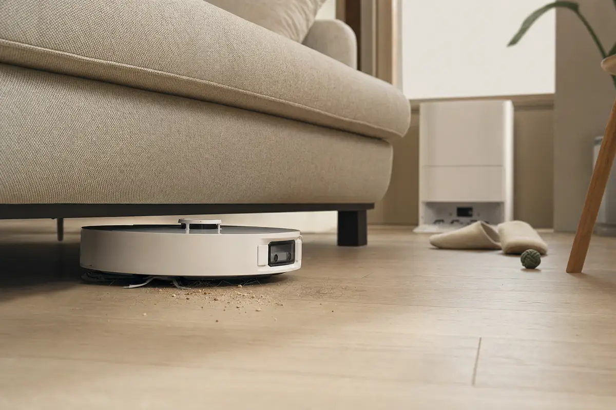 Robot aspirapolvere bianco sottile che pulisce sotto un divano, con briciole sul pavimento e base di ricarica sullo sfondo