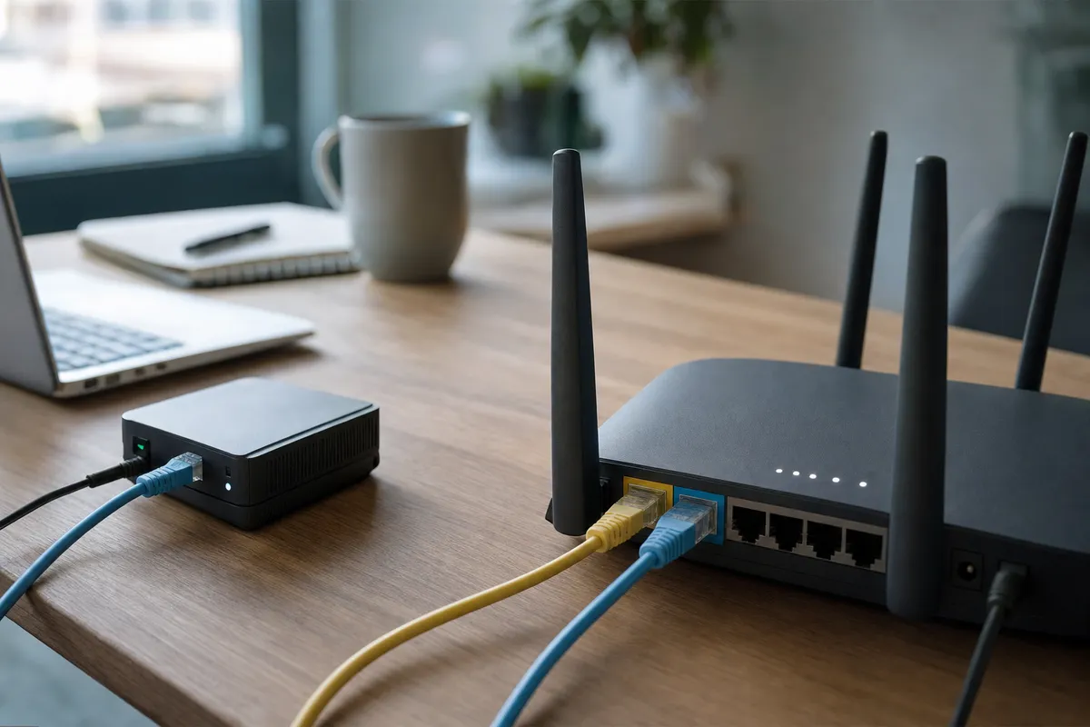 Router Wi‑Fi su scrivania con due cavi Ethernet collegati e un piccolo modem di rete accanto