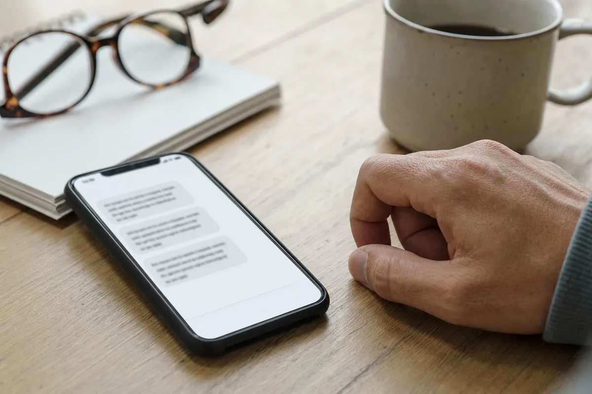 Smartphone su un tavolo con SMS sospetti sfocati sullo schermo e una mano vicina, accanto a tazza e occhiali