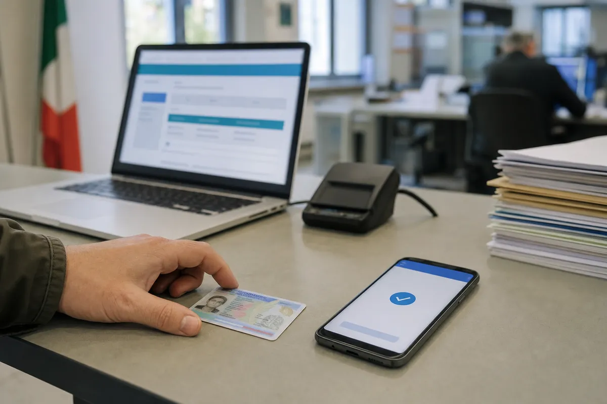 Mano appoggia una carta d’identità elettronica sul banco accanto a smartphone con schermata di accesso e laptop in ufficio