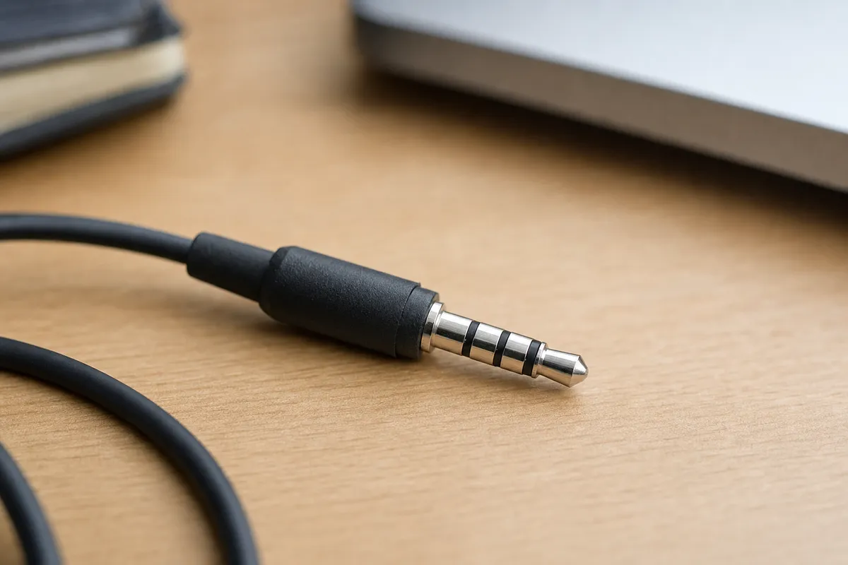 Primo piano di un jack audio da 3,5 mm con tre strisce nere isolanti su una scrivania in legno
