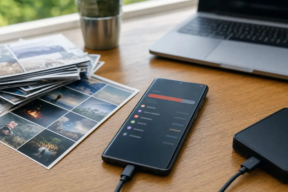 Smartphone su scrivania con barra memoria quasi piena, cavo collegato e foto stampate accanto a un laptop sfocato