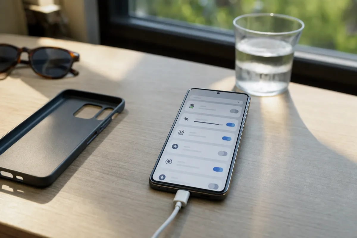 Smartphone Android in carica su una scrivania vicino a una finestra, con cover rimossa, occhiali da sole e bicchiere d’acqua