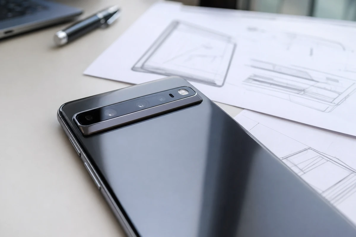 Smartphone senza logo con barra fotocamere orizzontale appoggiato su scrivania accanto a disegni tecnici sfocati