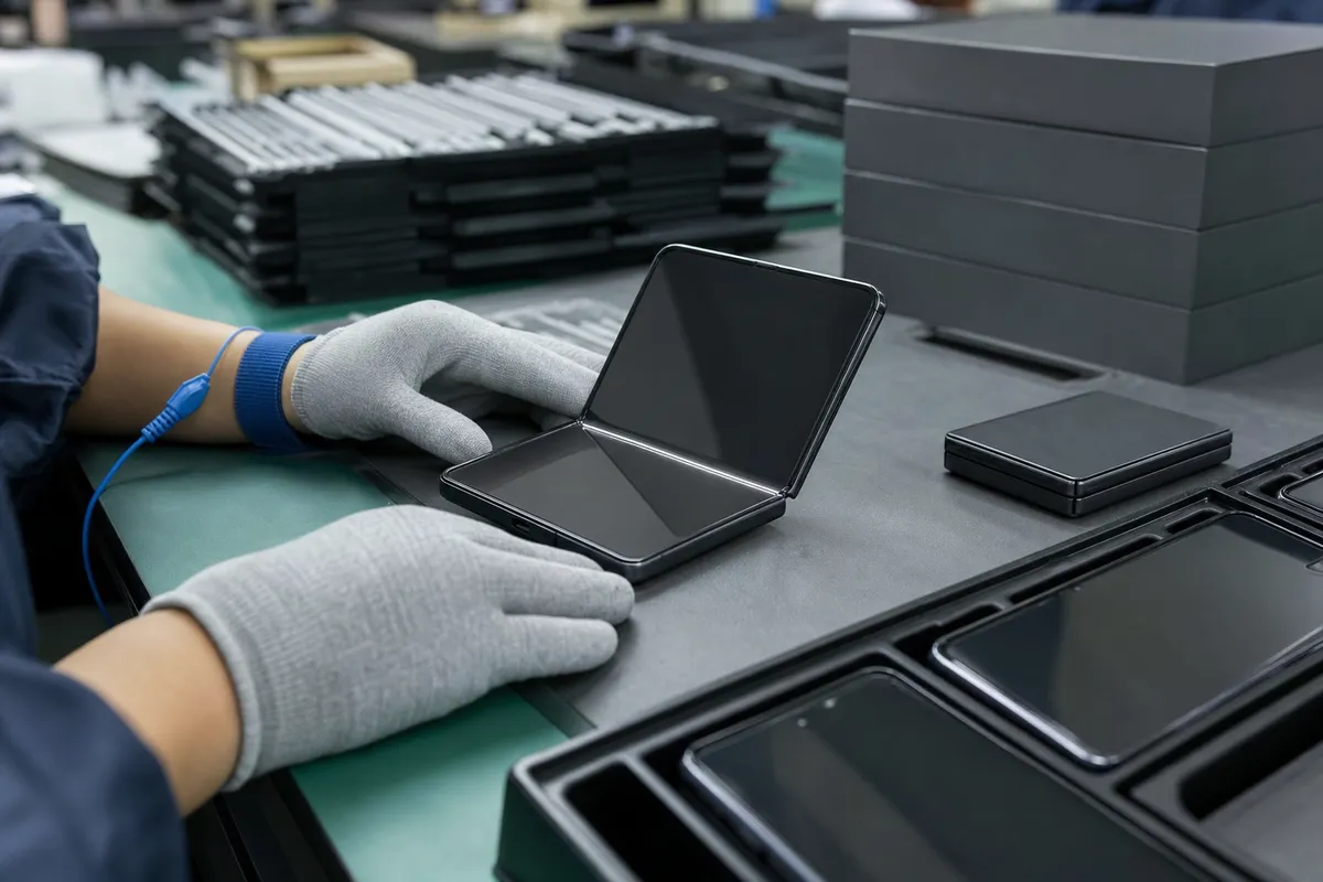 Tecnico con guanti controlla uno smartphone pieghevole semiaperto su banco di produzione con vassoi e scatole