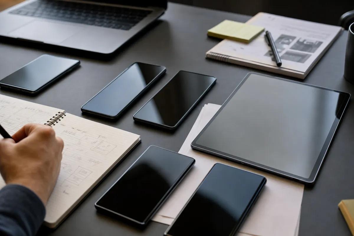 Smartphone e tablet spenti su una scrivania con taccuino e mano che prende appunti