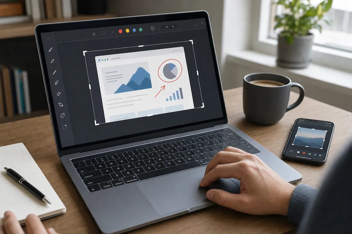 Laptop con strumento di ritaglio e annotazioni su uno screenshot, con smartphone accanto su una scrivania