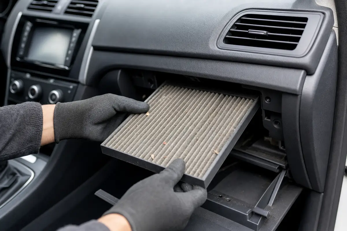 Mani con guanti neri estraggono un filtro abitacolo impolverato dal vano dietro il cassetto portaoggetti