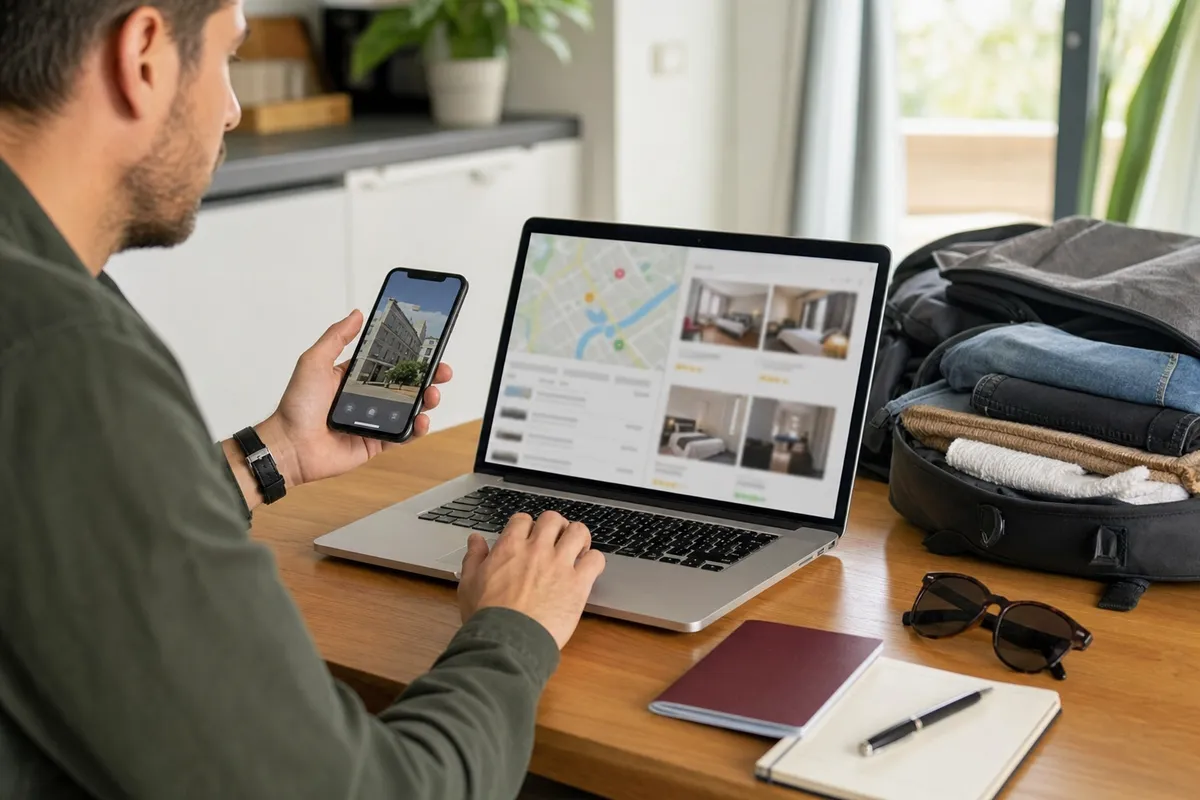 Viaggiatore controlla una prenotazione hotel su laptop e smartphone vicino a valigia aperta, quaderno e occhiali da sole