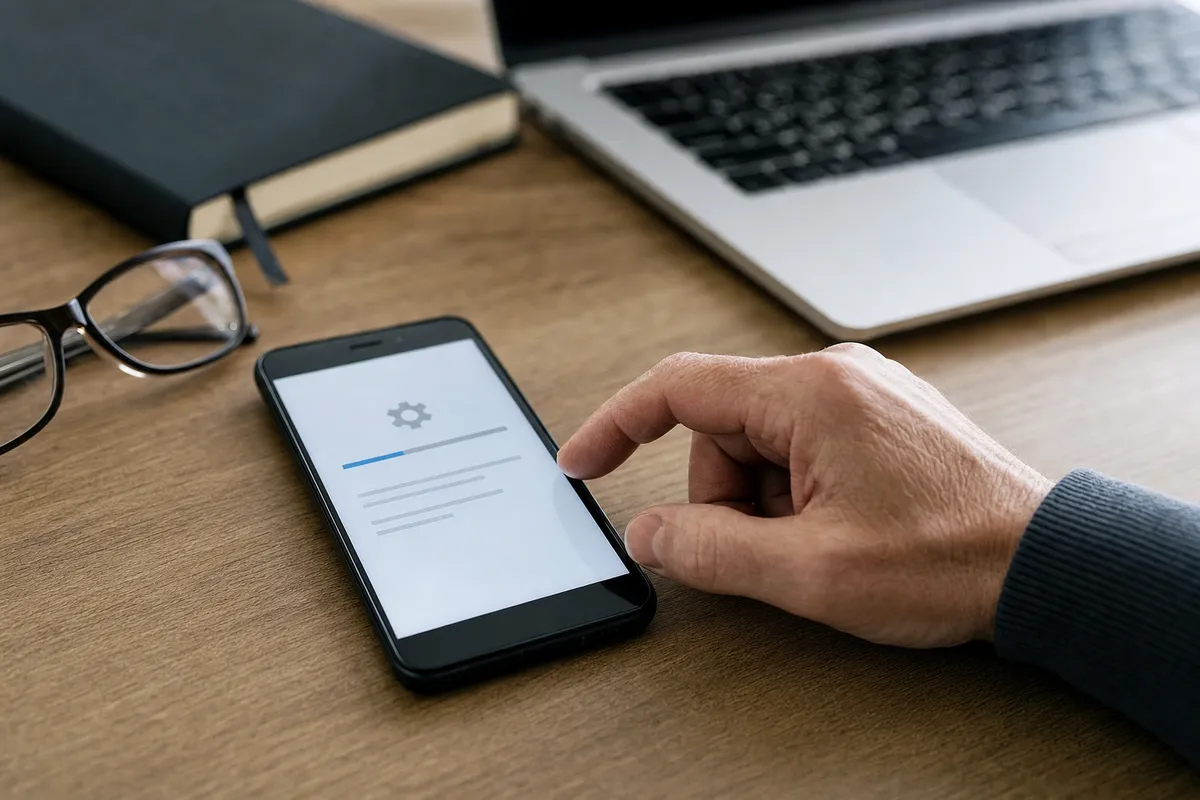 Smartphone su scrivania con schermata di aggiornamento e mano pronta a toccare, accanto a occhiali e laptop sfocato