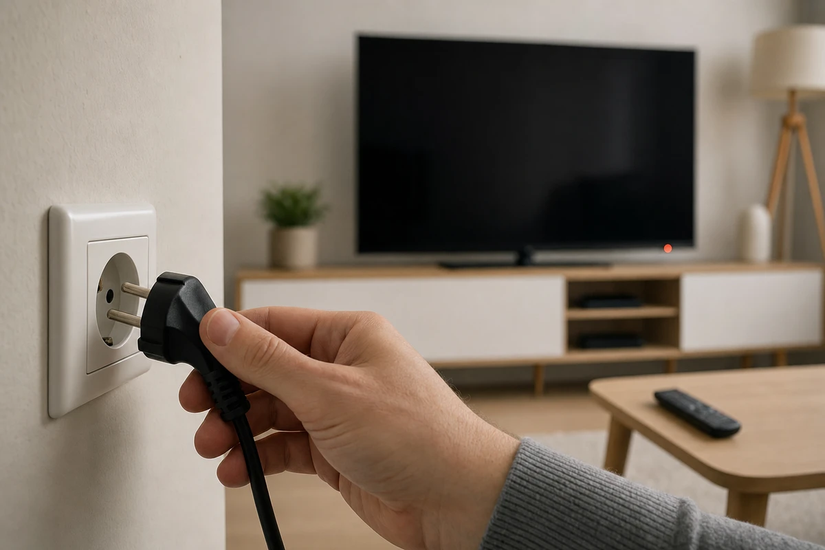 Mano che stacca la spina dalla presa a muro con TV spenta sullo sfondo e telecomando sul tavolino