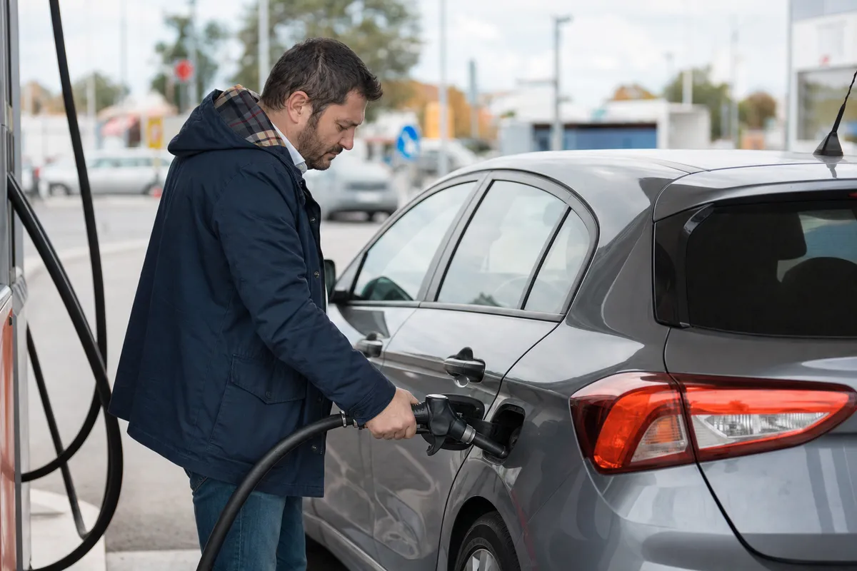Uomo fa rifornimento a un’auto grigia alla pompa di benzina, guardando con aria preoccupata il bocchettone