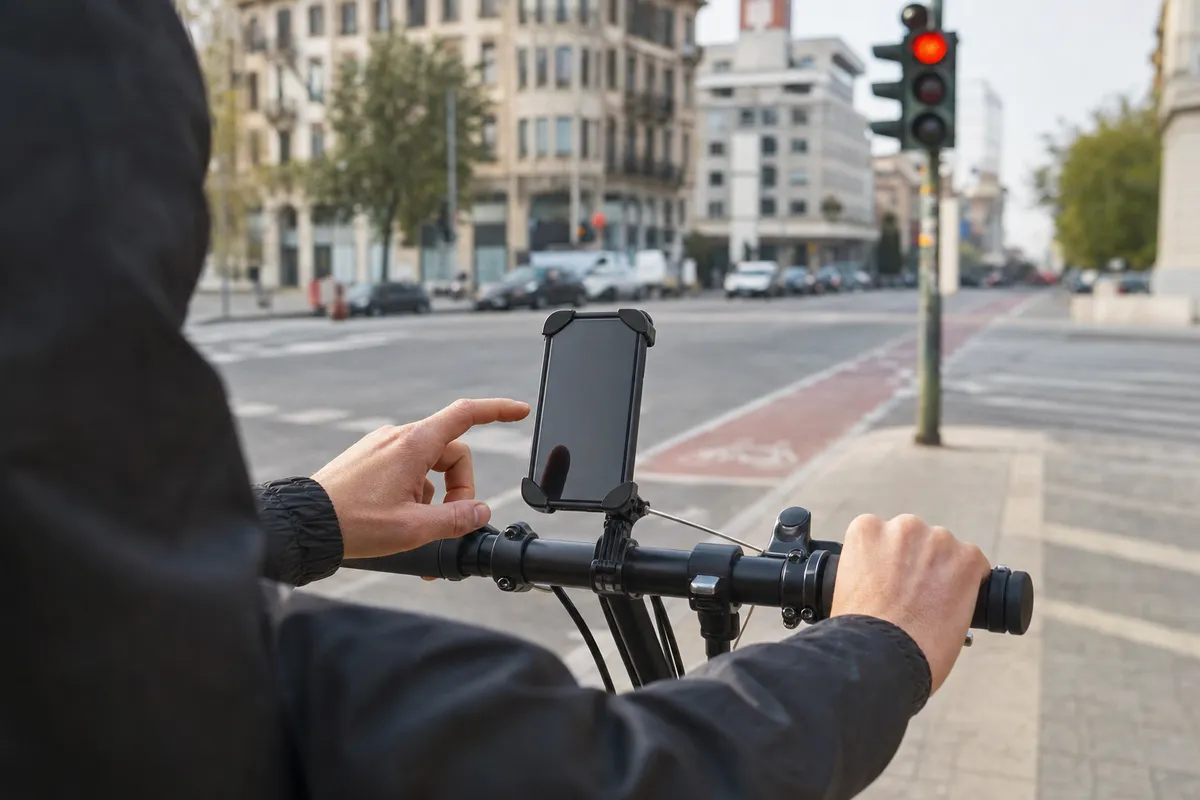 Smartphone sul manubrio con dito vicino allo schermo, bici ferma al semaforo rosso in città