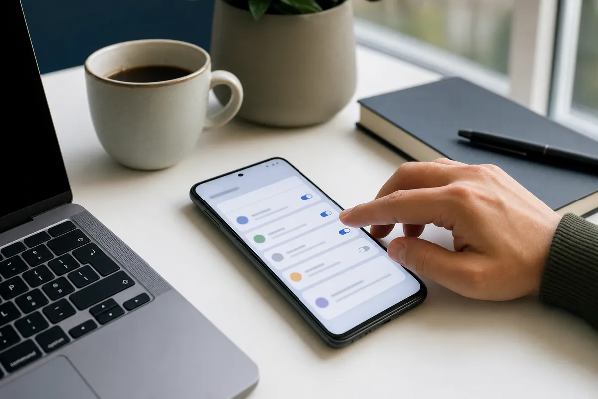 Mano che regola le impostazioni delle notifiche su uno smartphone appoggiato su una scrivania, accanto a laptop e caffè
