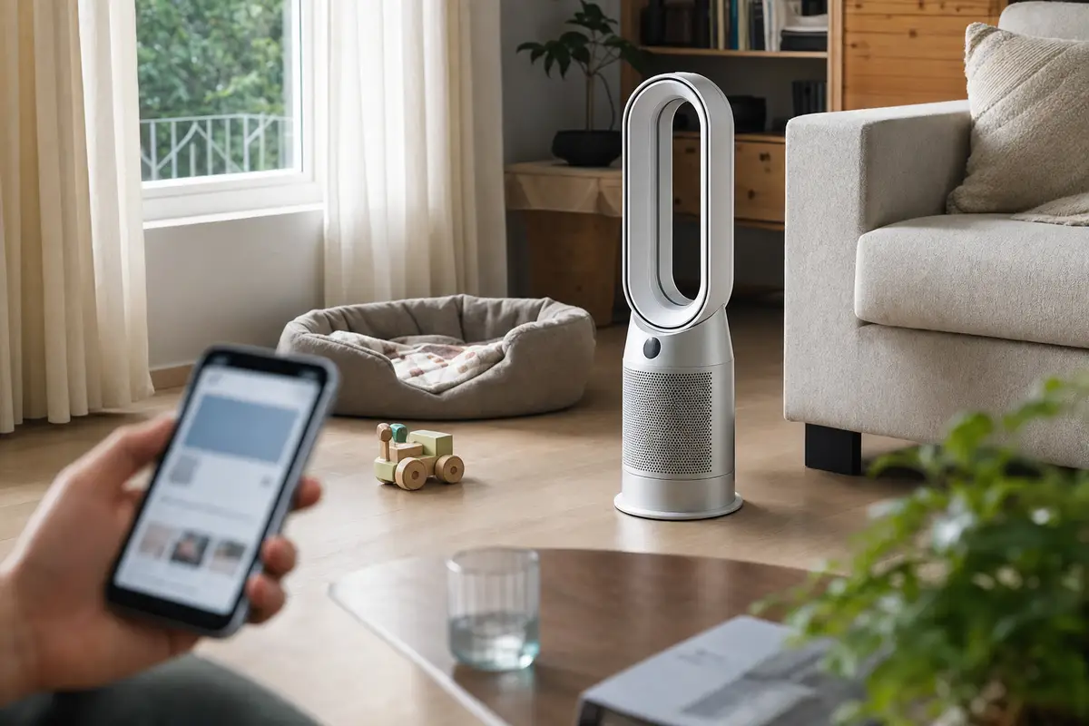 Ventilatore senza pale in salotto con luce naturale, smartphone in primo piano e cuccia per animali sullo sfondo
