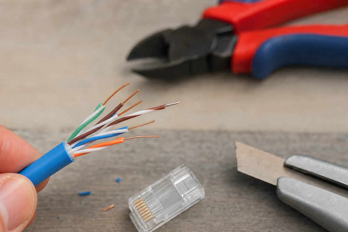 Cavo Ethernet blu spelato con conduttori esposti, uno graffiato con anima argentata, con connettore RJ45 e utensili sul banco
